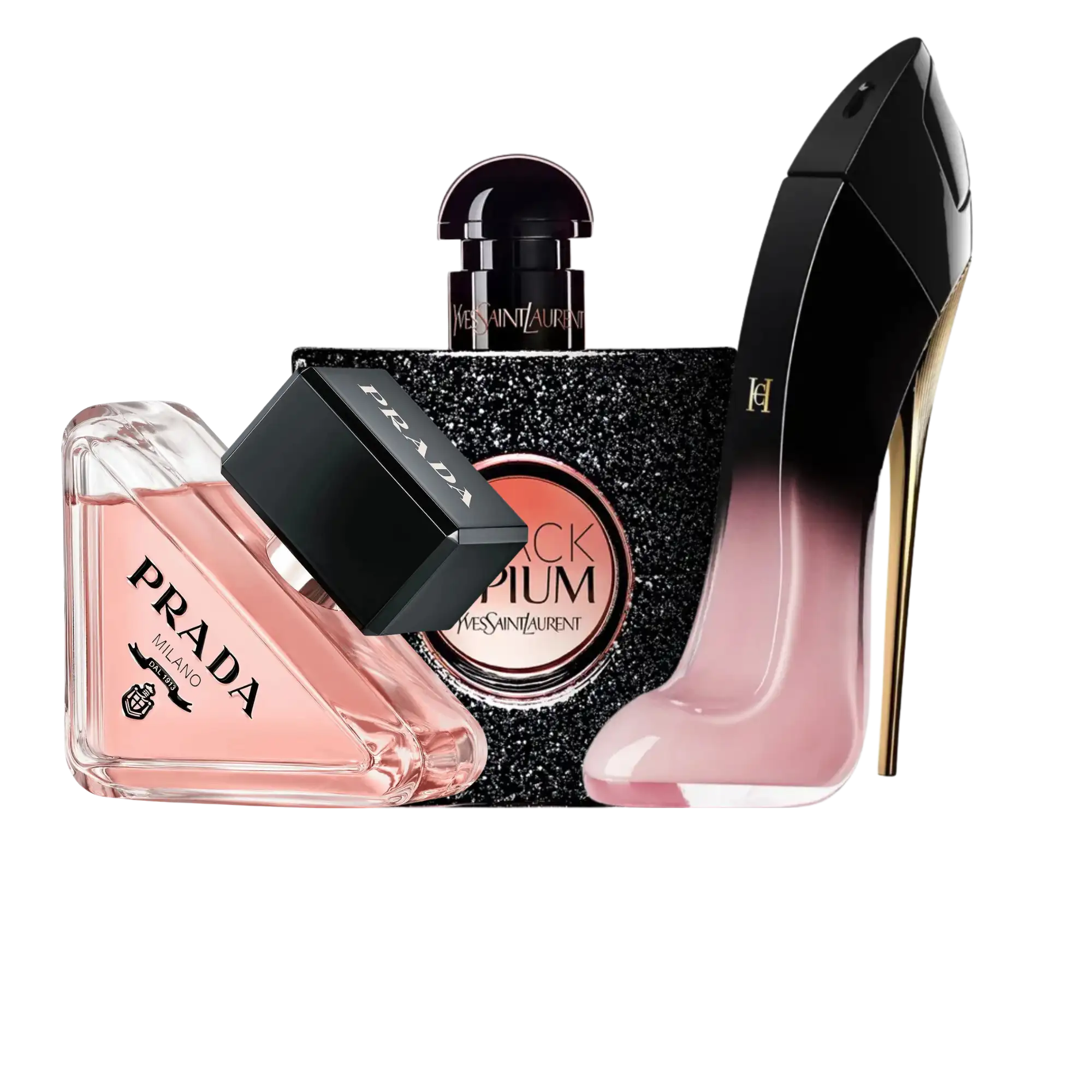 Luxury women’s perfumes featuring Prada Paradoxe, Yves Saint Laurent Black Opium, and Carolina Herrera Good Girl – elegant designer fragrance trio for ladies from 365 Perfumes.