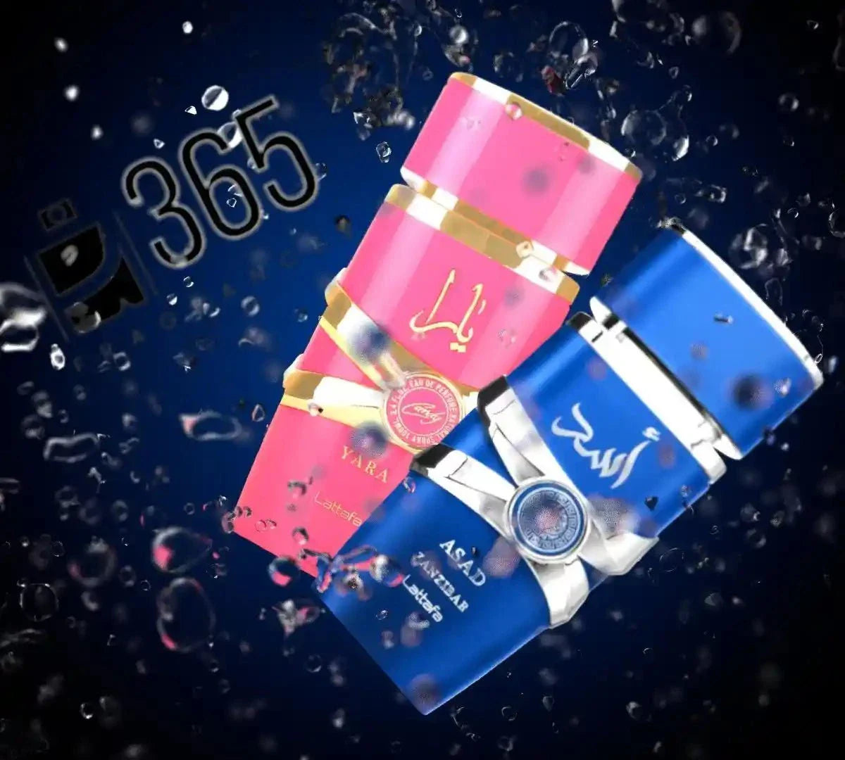 Two bottles, one pink and one blue, with visible branding on a dark background with water effects.