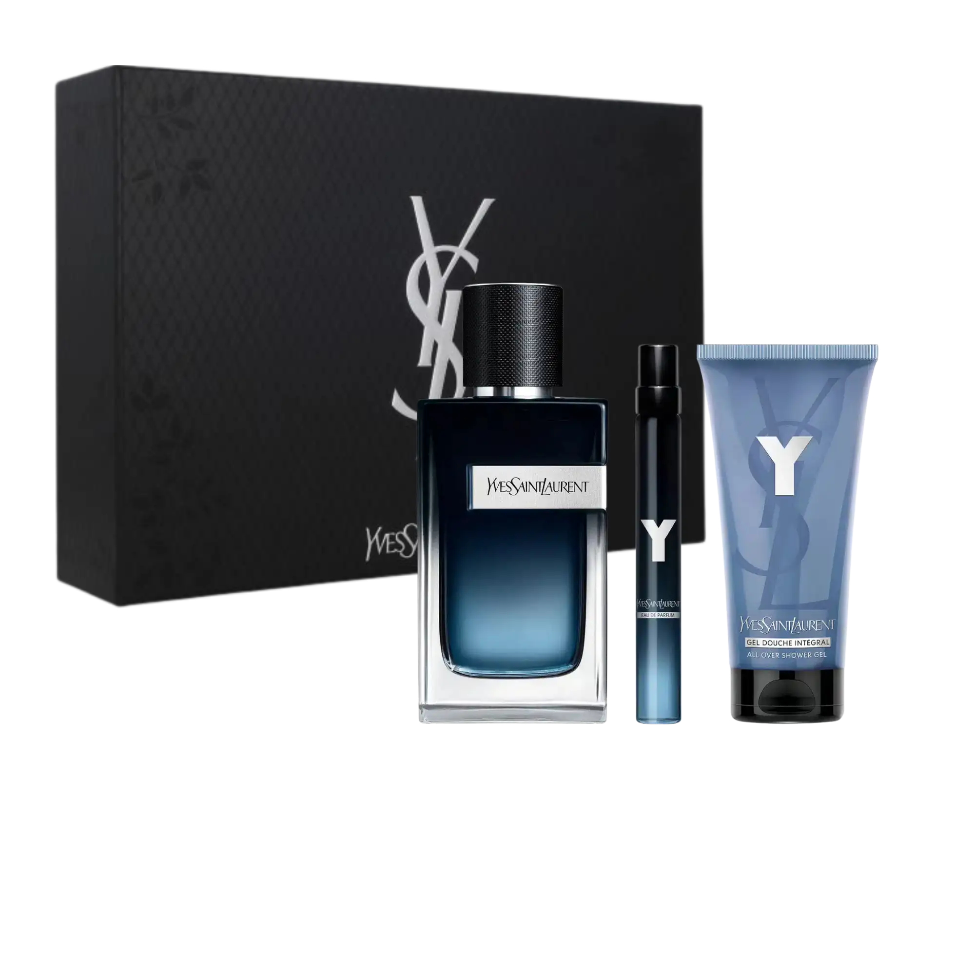 Yves Saint Laurent Y Eau de Parfum Men’s Gift Set featuring Y fragrance bottle, travel spray, and shower gel – luxury YSL men’s cologne set in signature black box from 365 Perfumes.