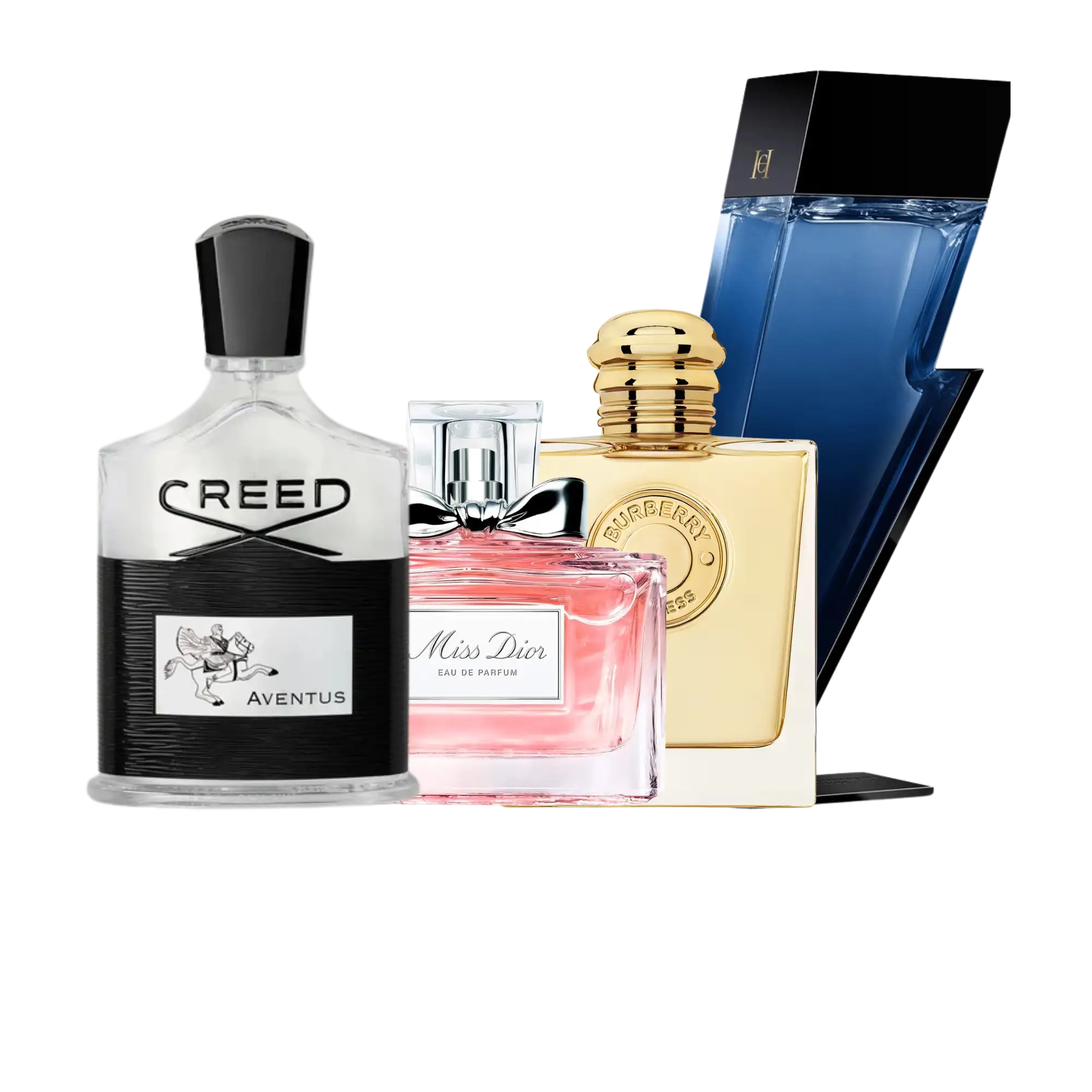 Designer fragrance collection featuring Creed Aventus, Miss Dior Eau de Parfum, Burberry Goddess, and Carolina Herrera Bad Boy – luxury perfumes for men and women from 365 Perfumes.