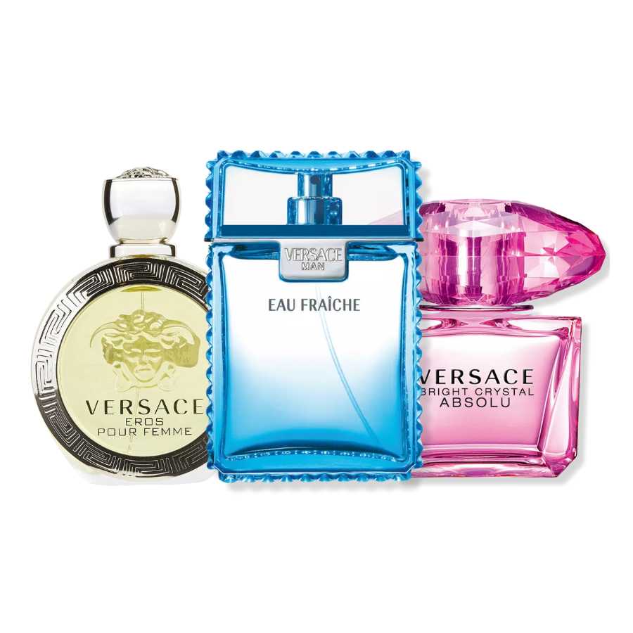 Versace perfumes for men and women including Bright Crystal, Eau Fraîche, and Pour Homme displayed together – 365 Fragrances