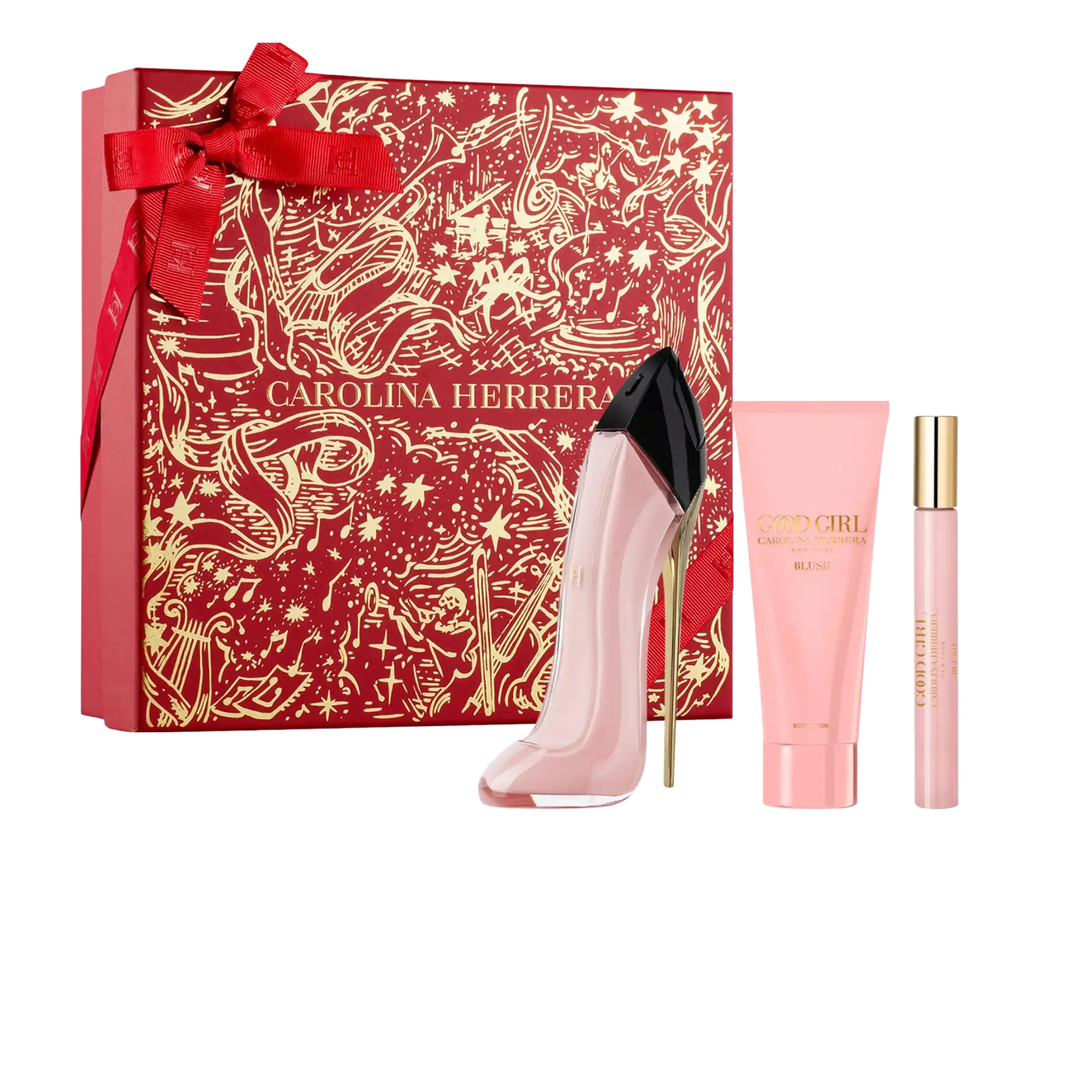 Carolina Herrera Good Girl Blush Gift Set featuring perfume, body lotion, and travel spray – elegant women’s fragrance set in red holiday box from 365 Perfumes.