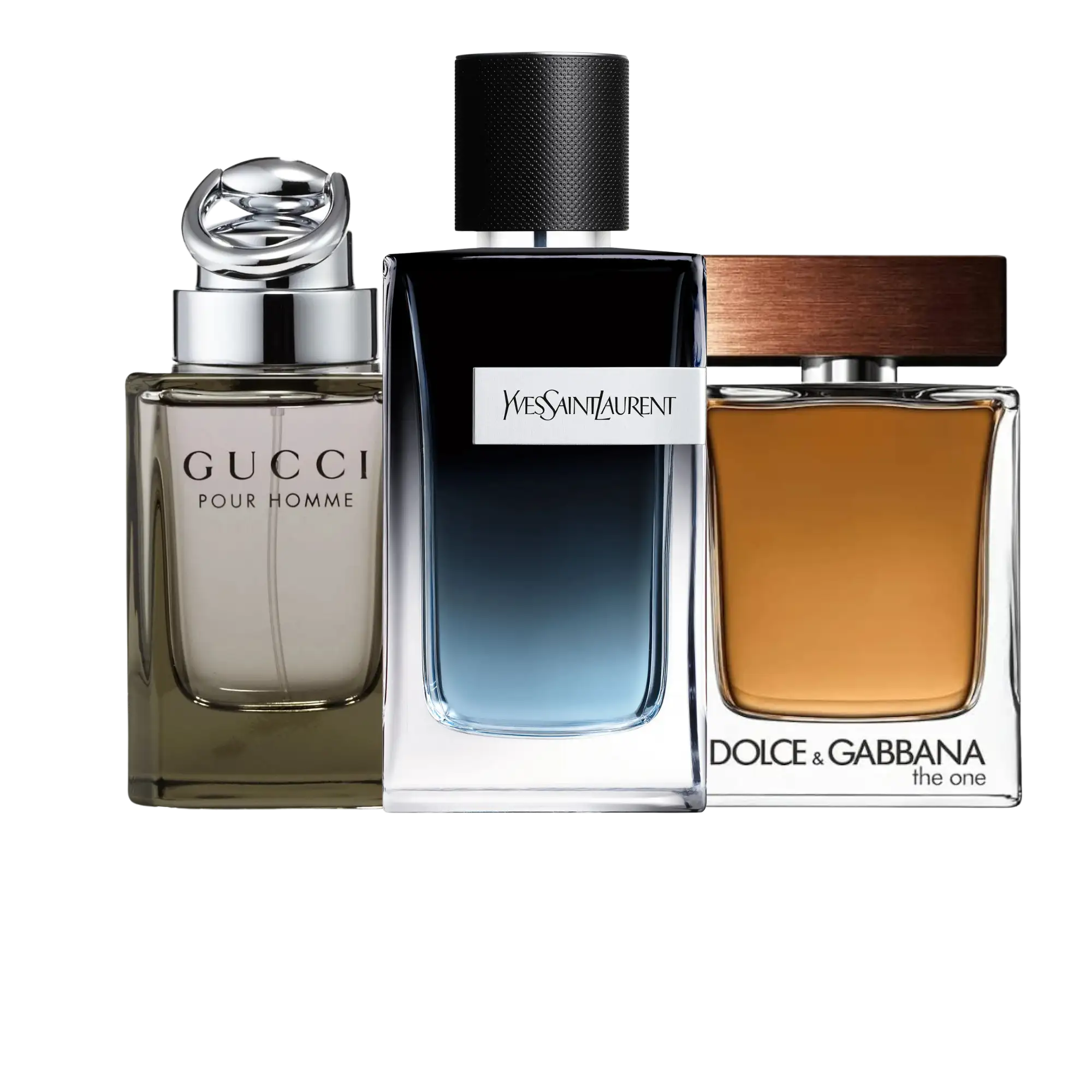 Men’s designer fragrances featuring Gucci Pour Homme, Yves Saint Laurent Y Eau de Parfum, and Dolce & Gabbana The One – luxury cologne collection for men available at 365 Perfumes